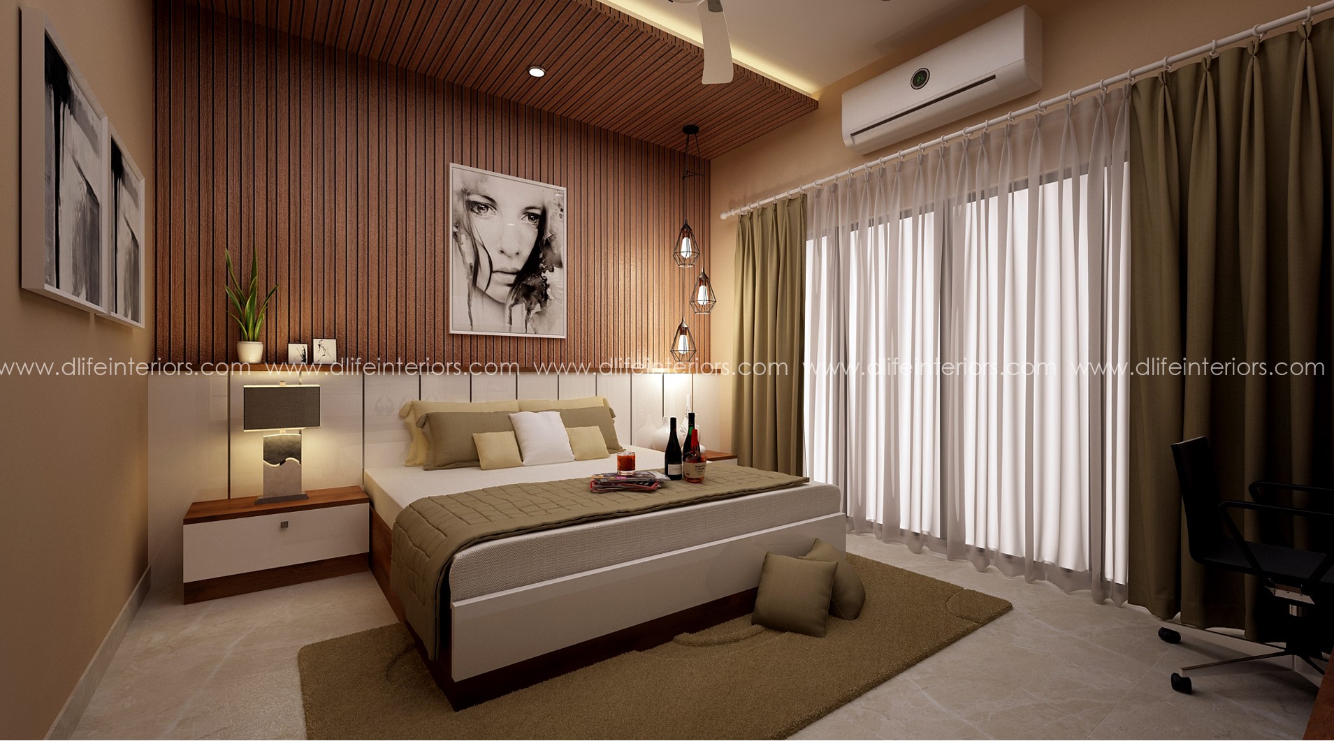 Bedroom interiors Kerala with king size bed and bedside tables