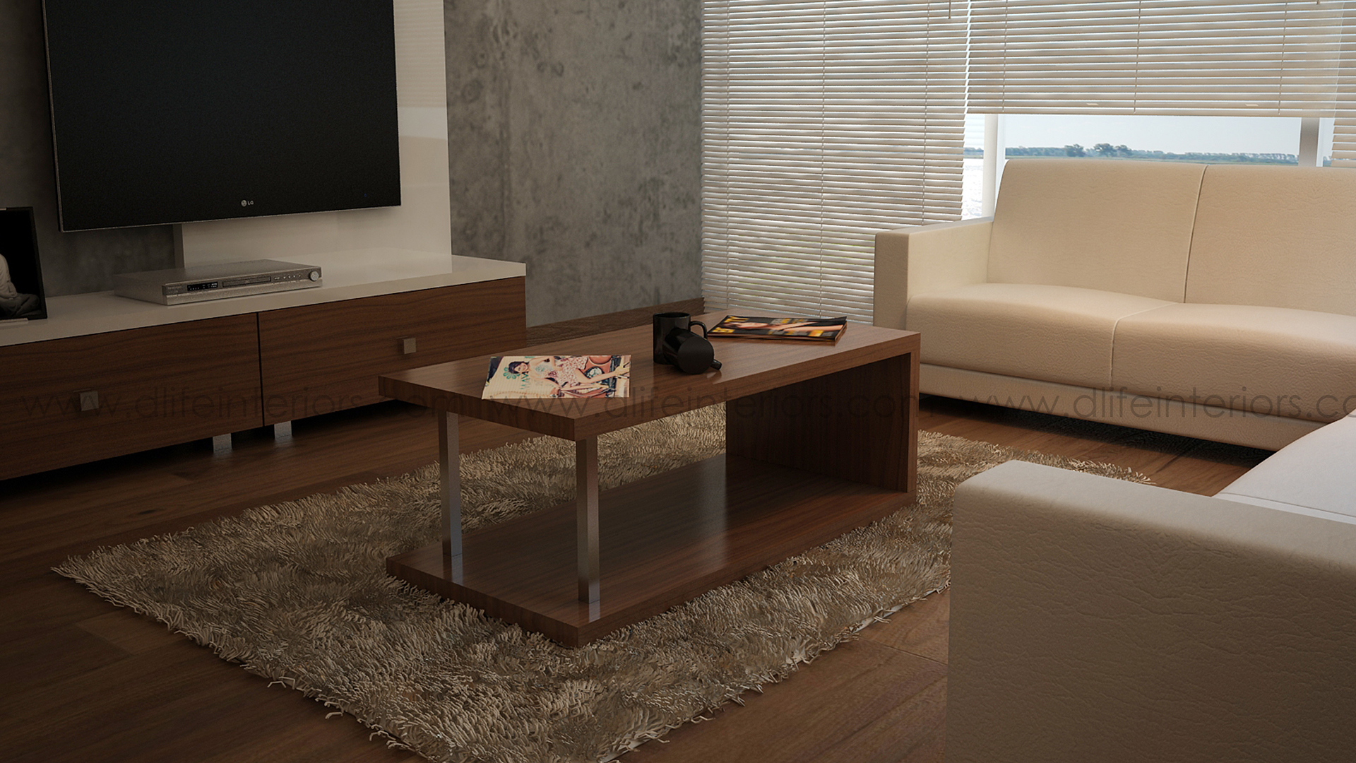 Customized centre table with canadian walnut colour and table top is used by the glass vase and magazines