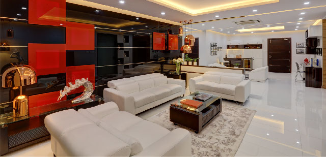 Fully customised living room interiors in Thrissur