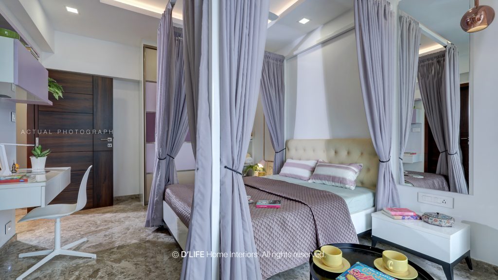 Bedroom interiors in purple theme